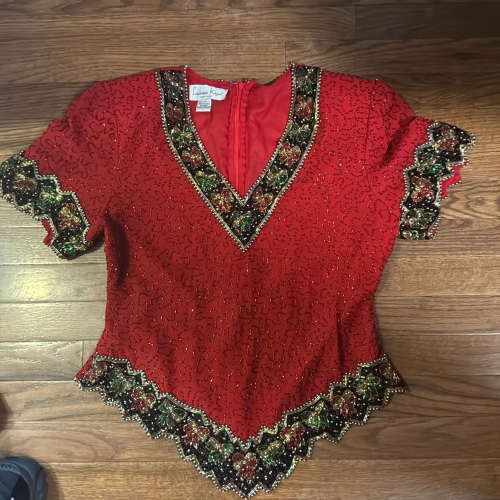 Vintage Red sequin  v neck blouse with black  gold red and green detail bows